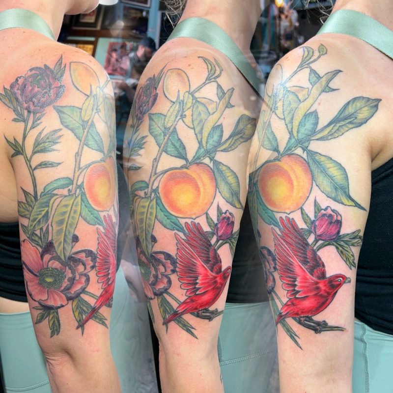 cardinal-bird-peach-botanical-half-sleeve-tattoo-frank-luca-vatican-tattoo