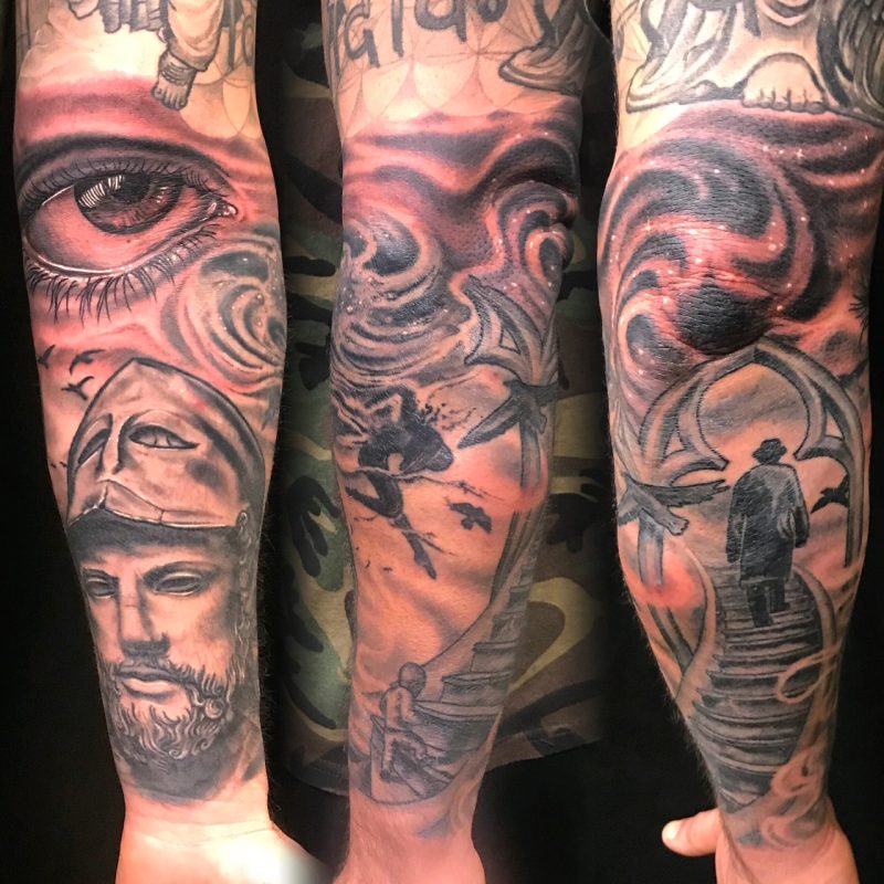 figurative-surrealist-sleeve-tattoo-eye-stairway-frank-luca-vatican-tattoo