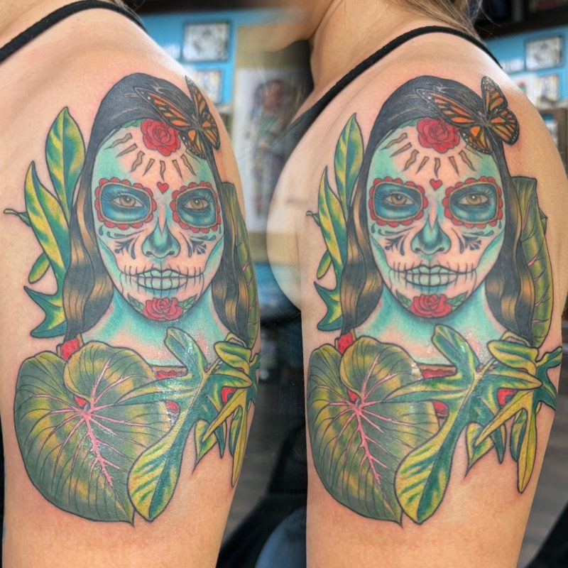 la-catrina-sugar-skull-shoulder-tattoo-color-frank-luca-vatican-tattoo