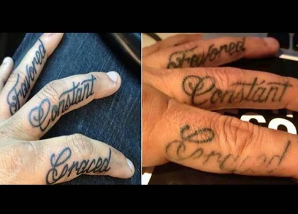 Finger tattoo fading shown in before and after comparison of script finger tattoos at Vatican Tattoo Studio Delray Beach
