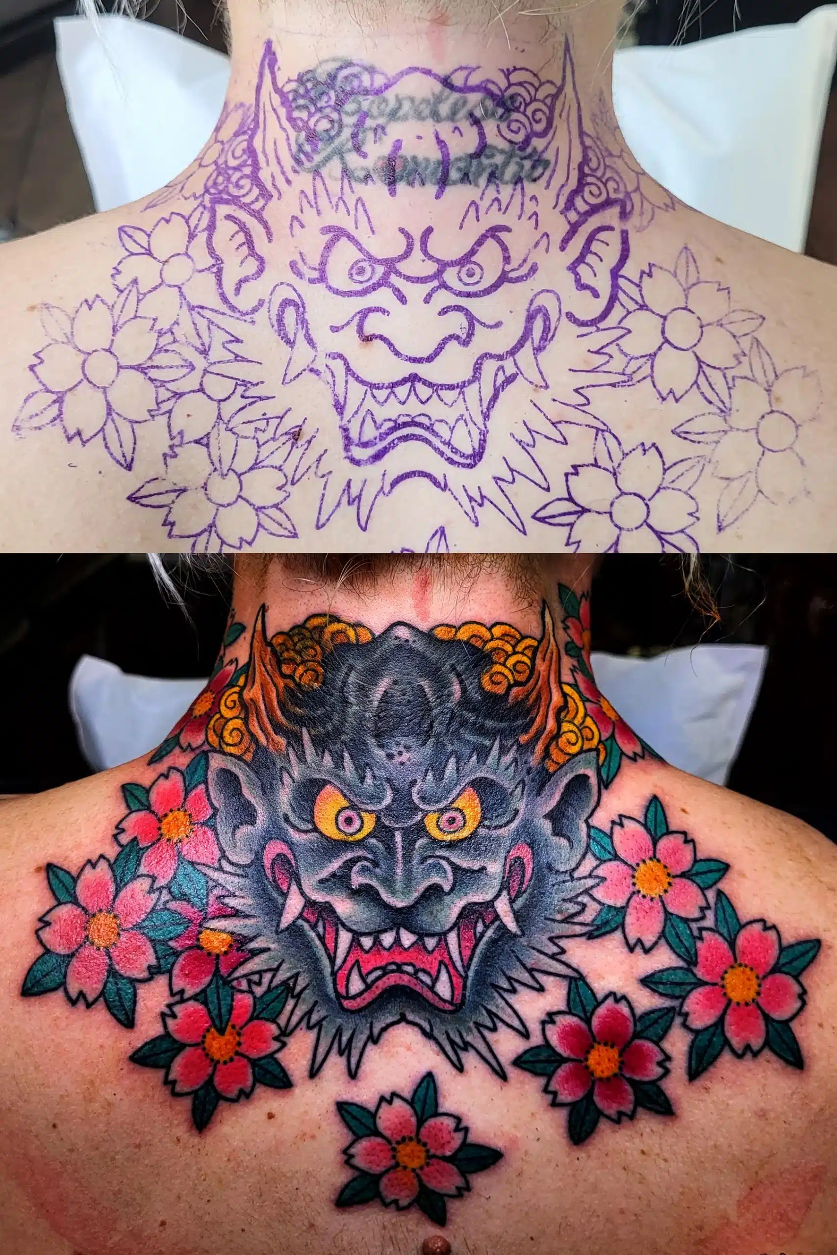 Floral cover up tattoo in progress showing how dense design elements hide old ink at Vatican Tattoo Delray Beach